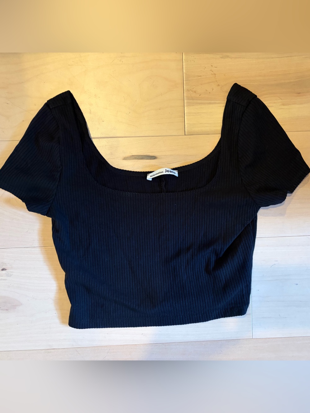 Reformation Black Ribbed Cropped Short Sleeve Top XS